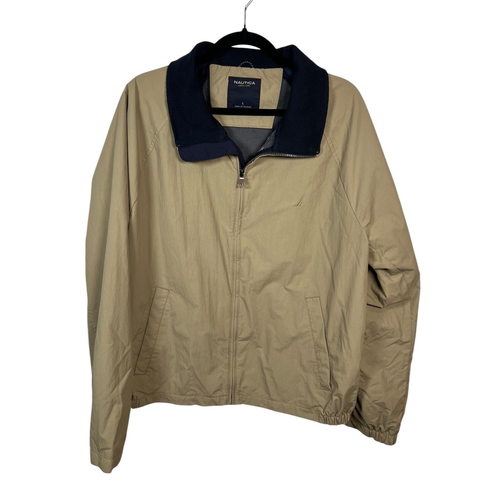 Nautica Windbreaker Jacket Tan Lightweight Preppy Full Zip Navy Collar Large